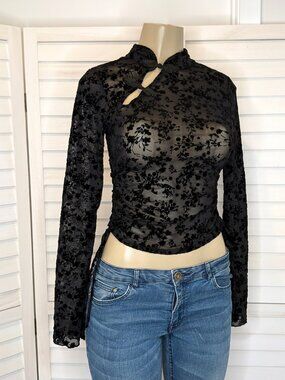 Chocolate USA Black Flocked Floral Mandarin Collar Ruched Top